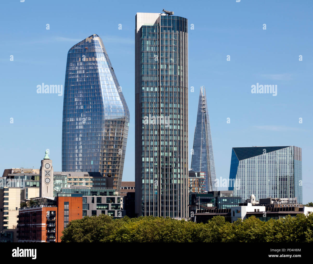 View of the Oxo Tower, One Blackfriars, The Shard and The South Bank Tower, taken from Waterloo Bridge, London Stock Photo