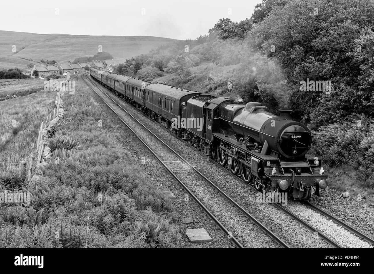 Galatea 45699 Classic steam trains on the Settle to Carlisle railway at Garsdale in the Yorkshire Dales Stock Photo