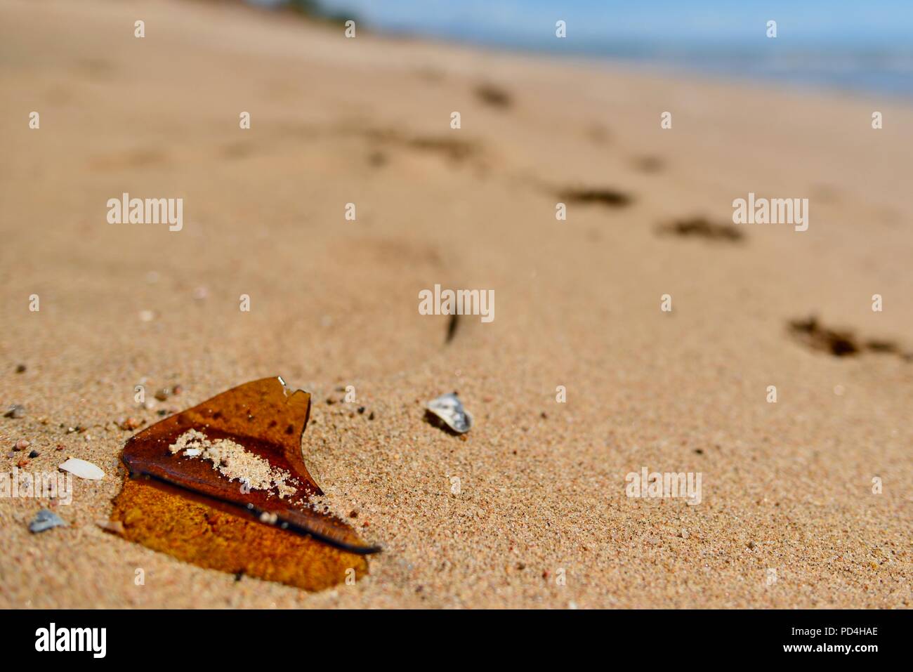 Footprints in the sand near broken glass hi-res stock photography and images