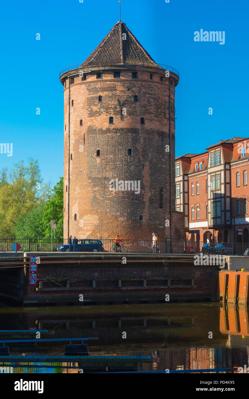 Gdansk round tower, view of the Stagiewna defensive tower and gate sited beside the Zielony bridge in the center of Gdansk, Poland. Stock Photo
