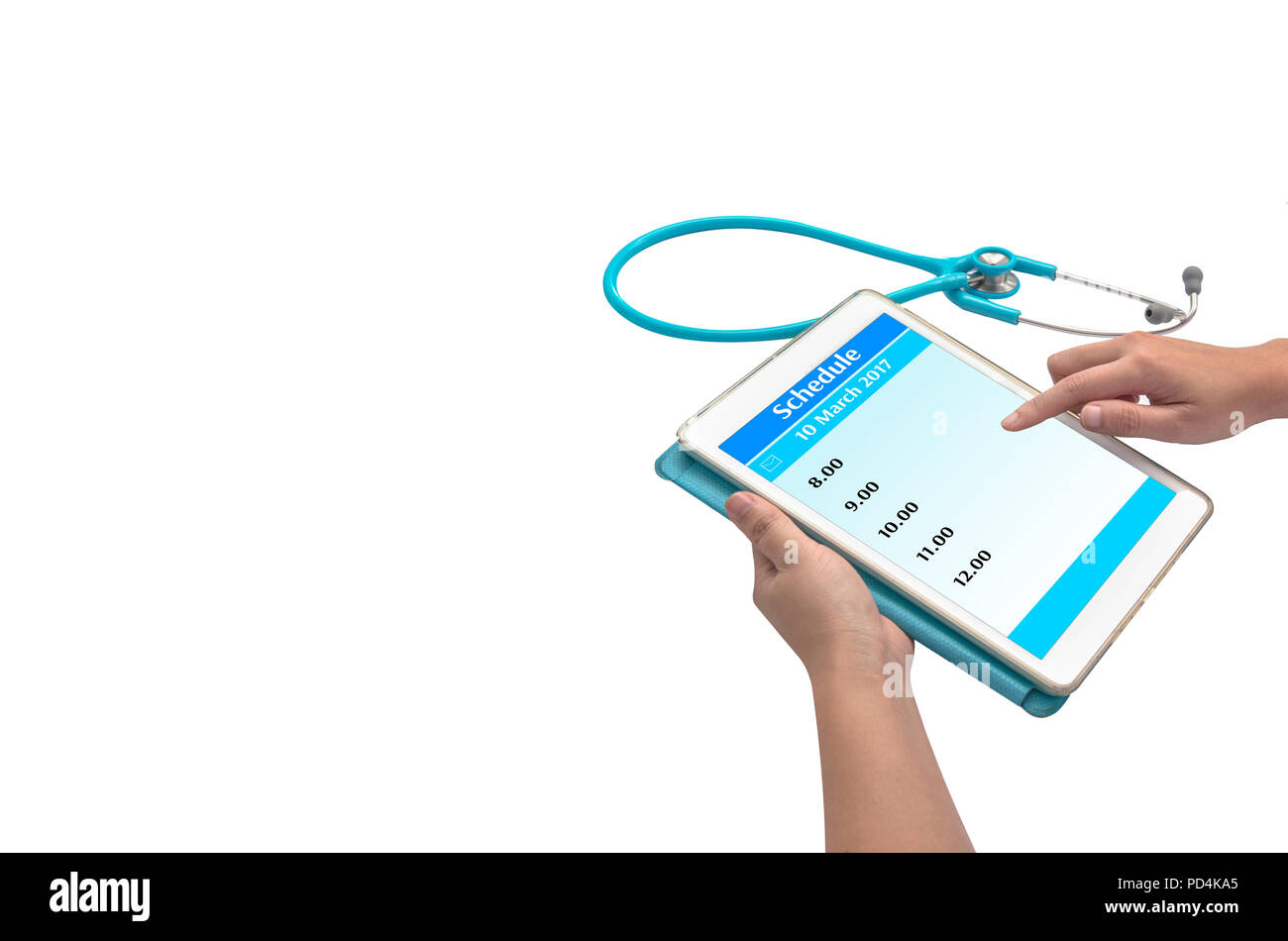 hand holding tablet with schedule in screen Stock Photo