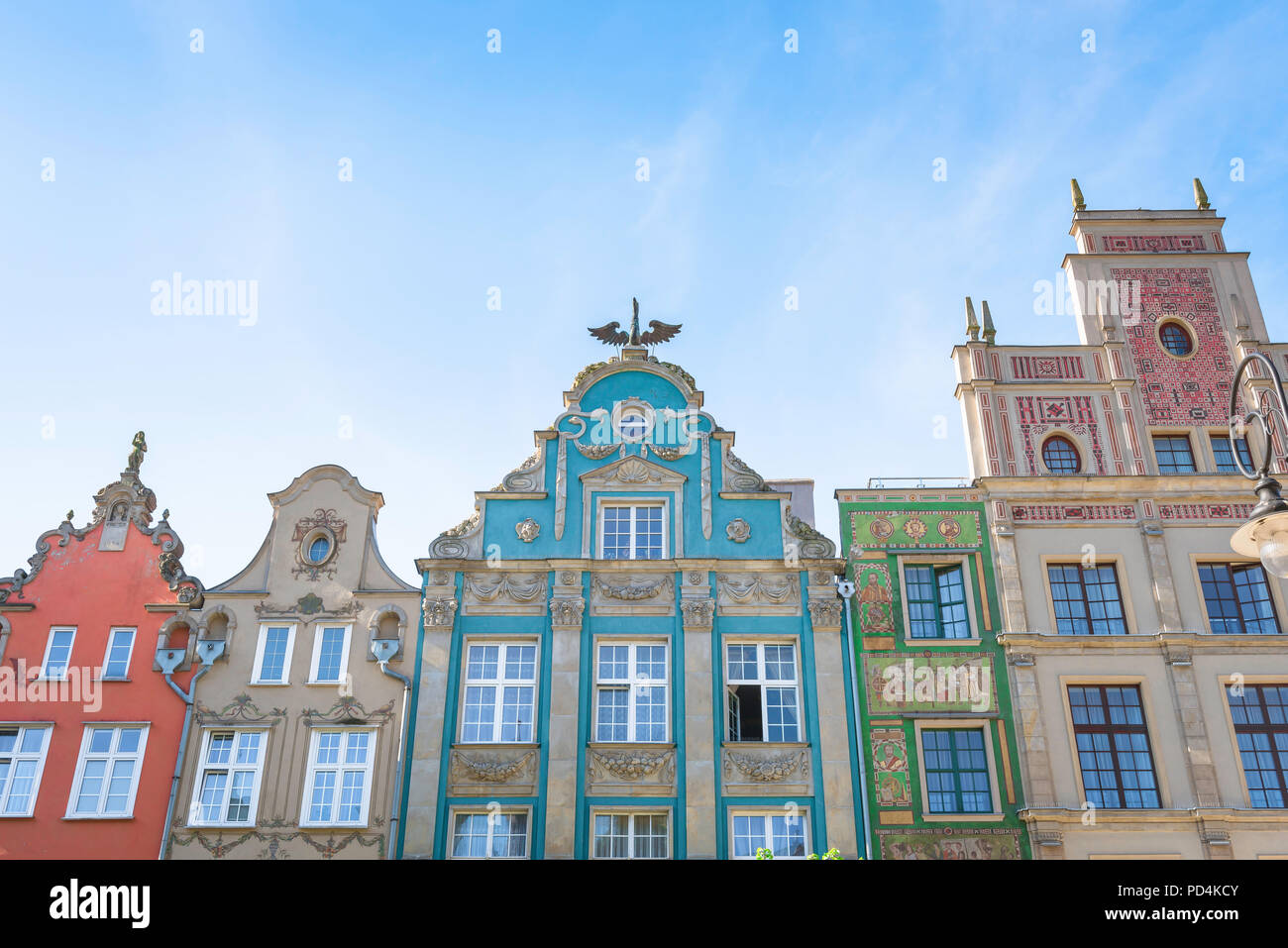 Poland Baroque architecture, view of a group of reconstructed 17th Century dutch gabled buildings in the historical Royal Way in central Gdansk,Poland. Stock Photo