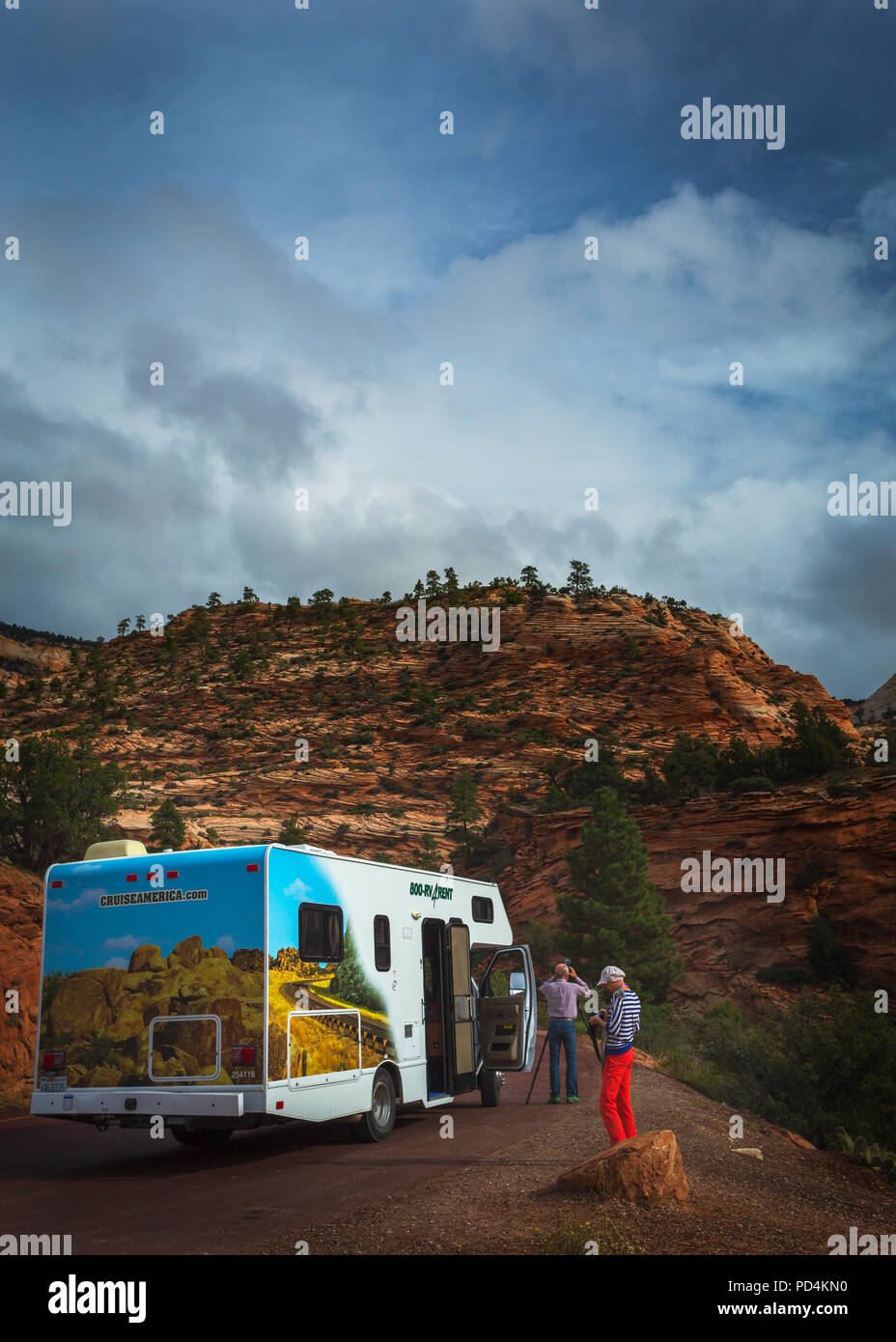 RV Tourists in Zion National Park UTAH Stock Photo