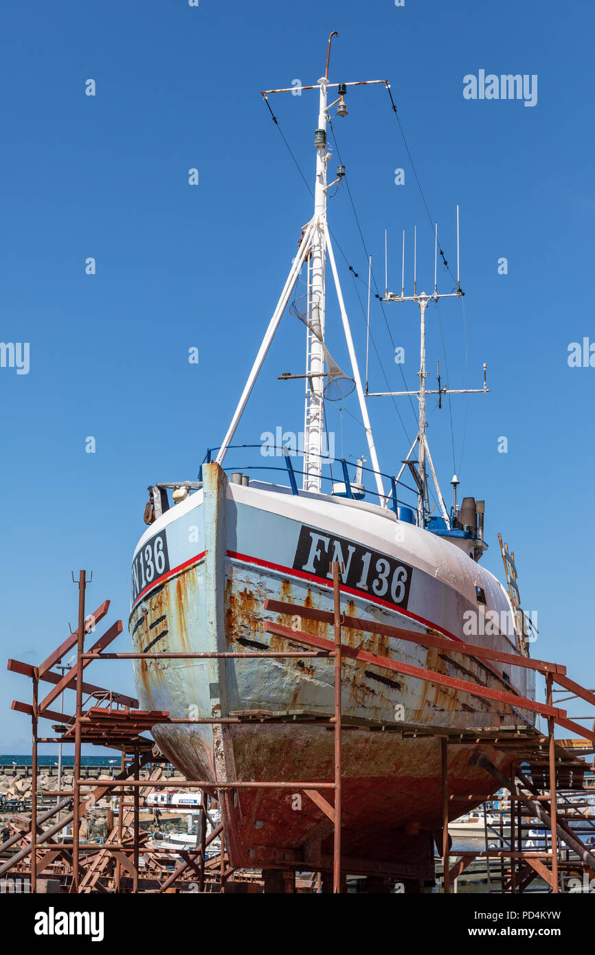 Fishing vessel on berth; Oesterby Harbour, Laesoe, Denmark Stock Photo