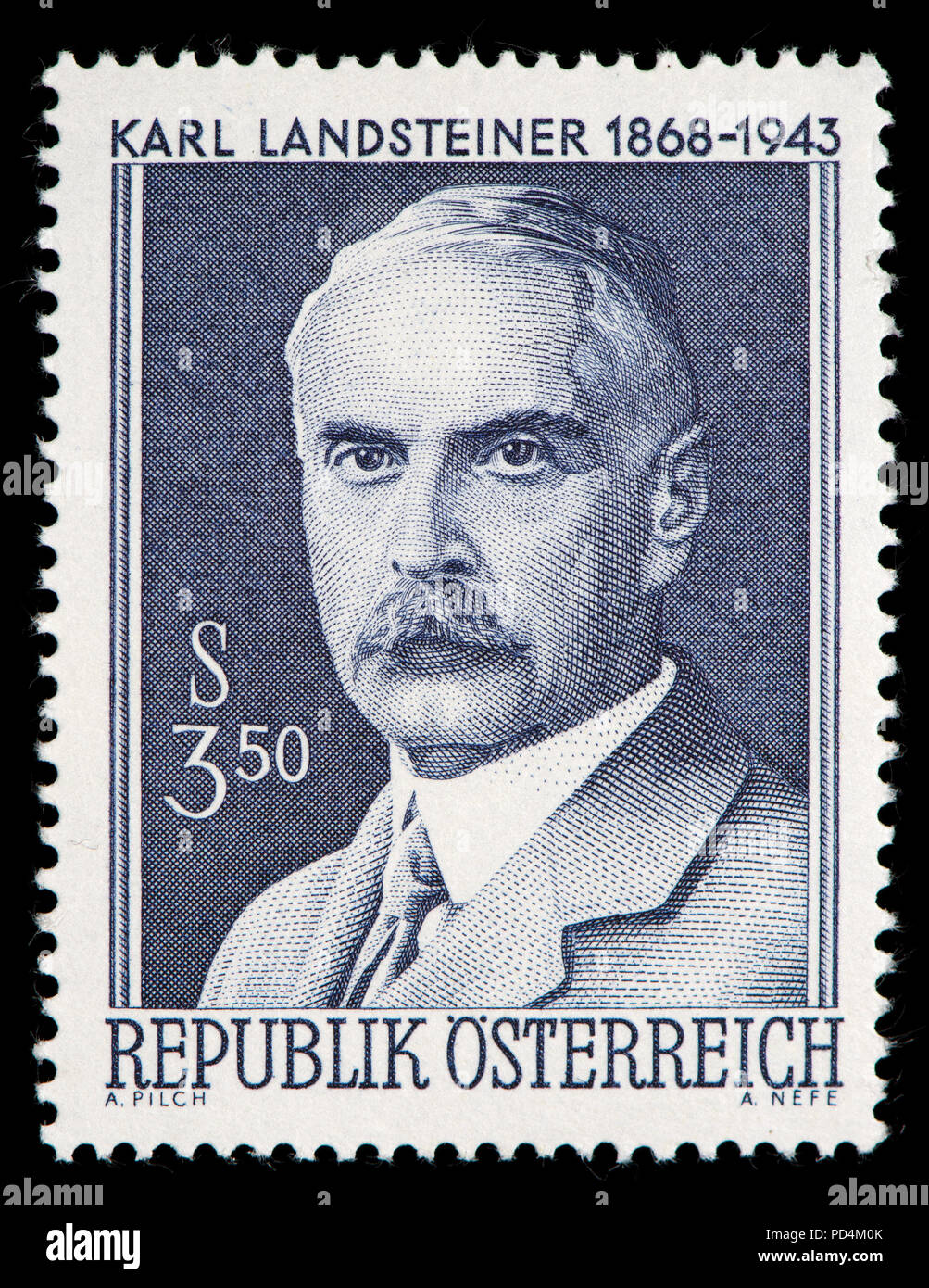 Austrian postage stamp (1968) : Karl Landsteiner (1868-1943) Austrian biologist, physician, and immunologist who distinguished the main blood groups i Stock Photo