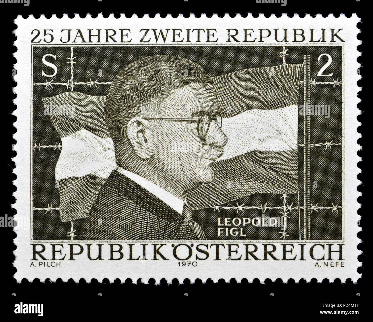 Austrian postage stamp (1970) : Leopold Figl (1902 – 1965) Austrian politician of the Austrian People's Party (Christian Democrats) and first Federal  Stock Photo