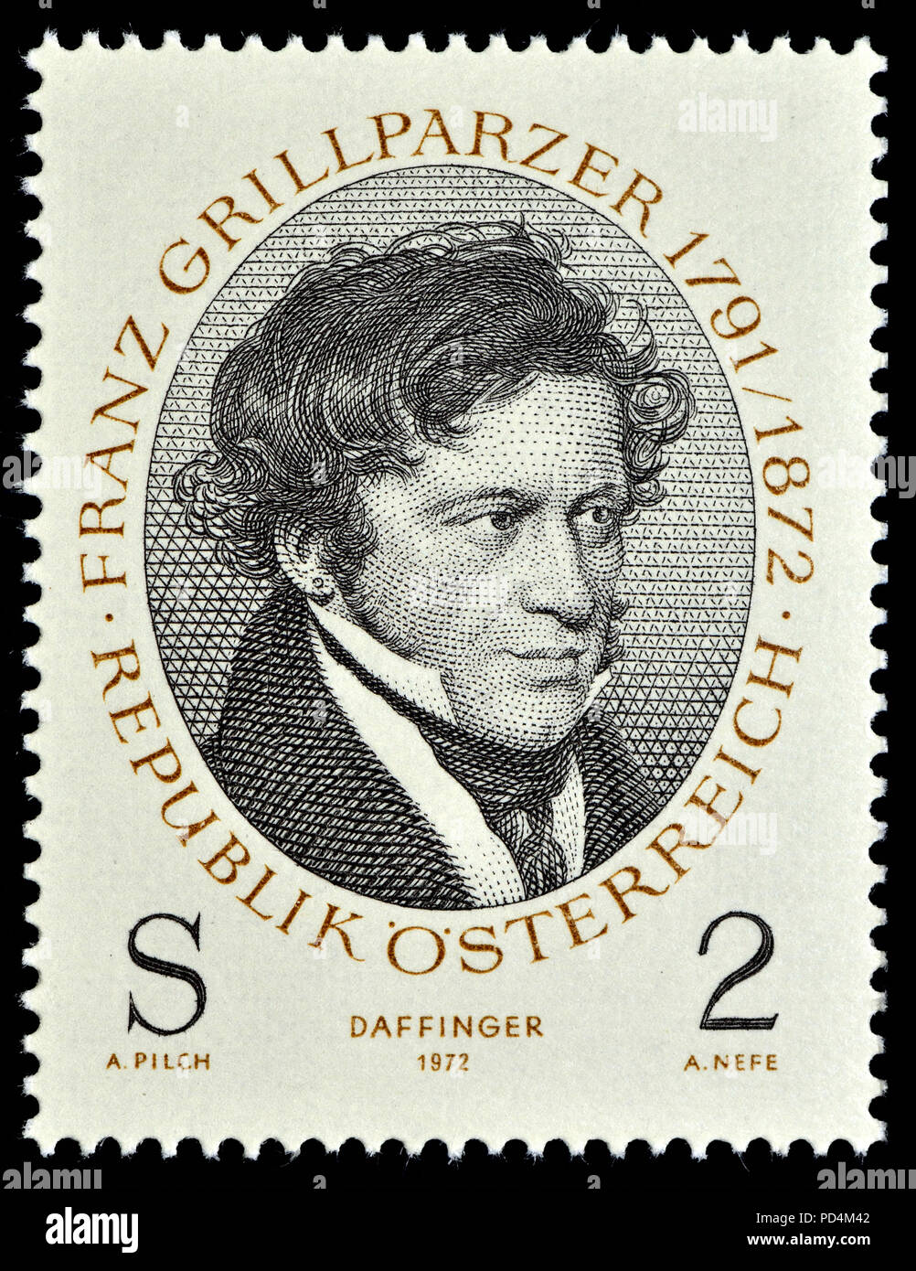 Austrian postage stamp (1972) : Franz Seraphicus Grillparzer (1791 – 1872)Austrian writer and dramatist Stock Photo