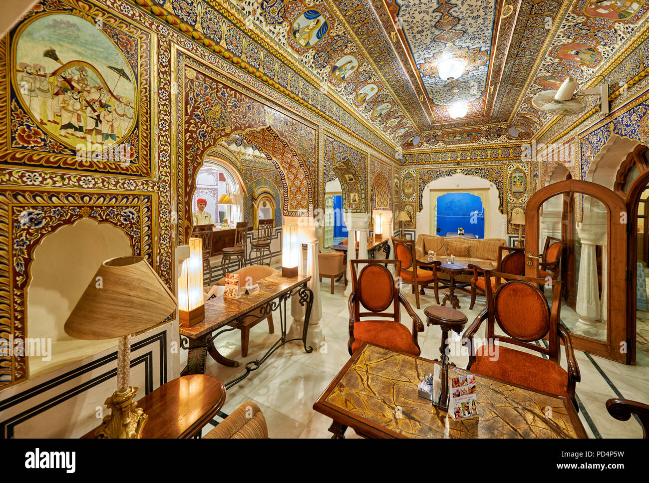 interior shot of wall paintings in Fort and Hotel castle Mandawa, Mandawa, Shekhawati Region, Rajasthan, India Stock Photo