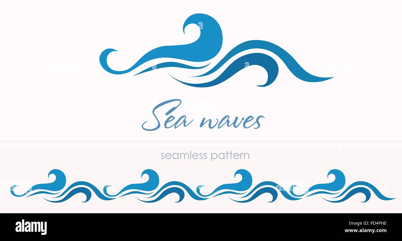 Marine seamless pattern with stylized waves on a light background. Blue ...