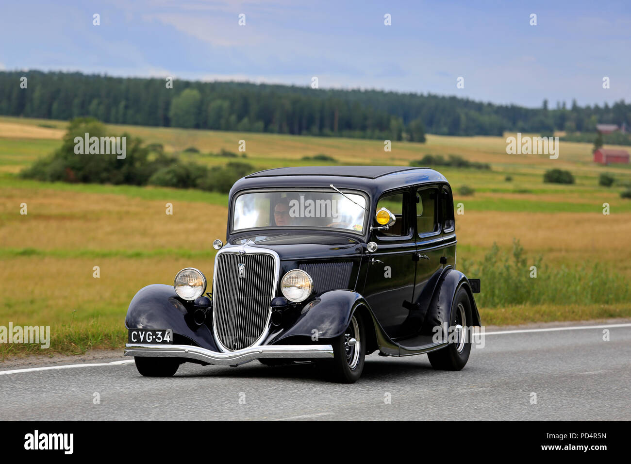 VAULAMMI, FINLAND - AUGUST 4, 2018: Ford Fordor Dillinger Special year 1934 on road on Maisemaruise 2018 car cruise in Tawastia Proper, Finland. Stock Photo