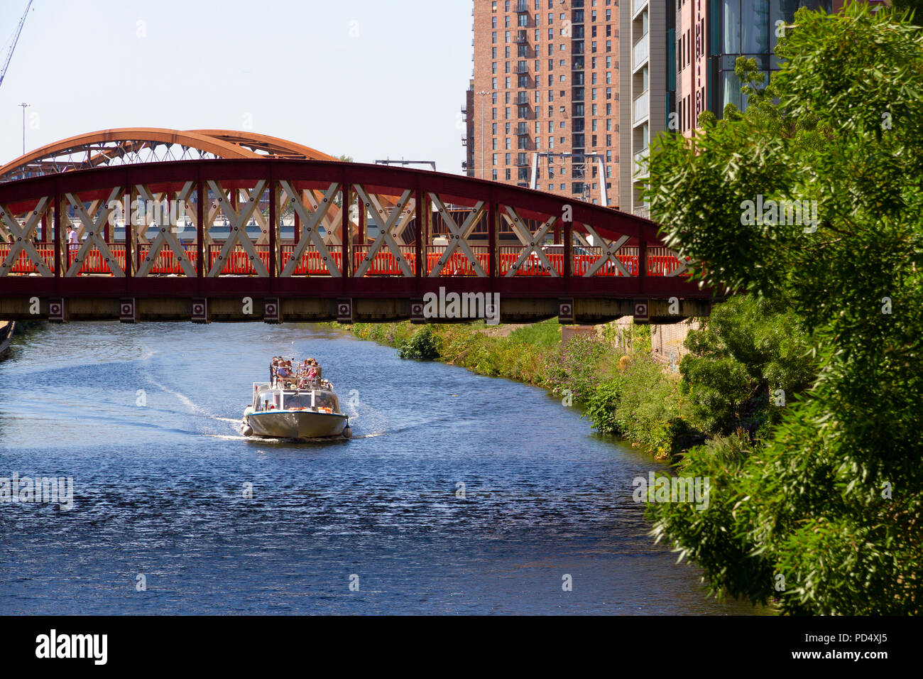 Manchester River Cruise boat on the River Irwell at Left Bank Stock Photo