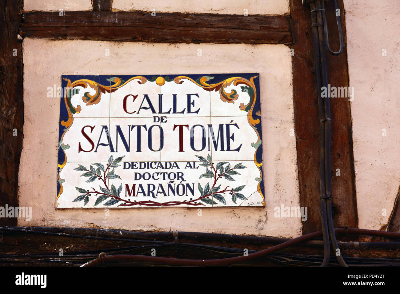 Calle de Santa Tome street sign dedicated to Doctor Gregorio Marañón y Posadillo, Toledo, Castile-La Mancha, Spain Stock Photo