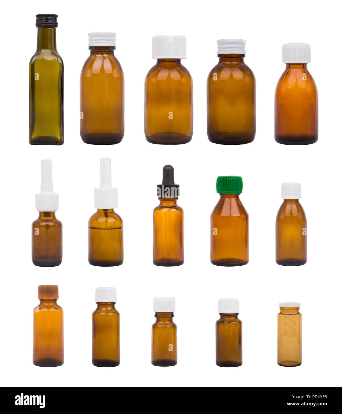 Brown bottles, medicine. Set of various bottles, medical Stock Photo