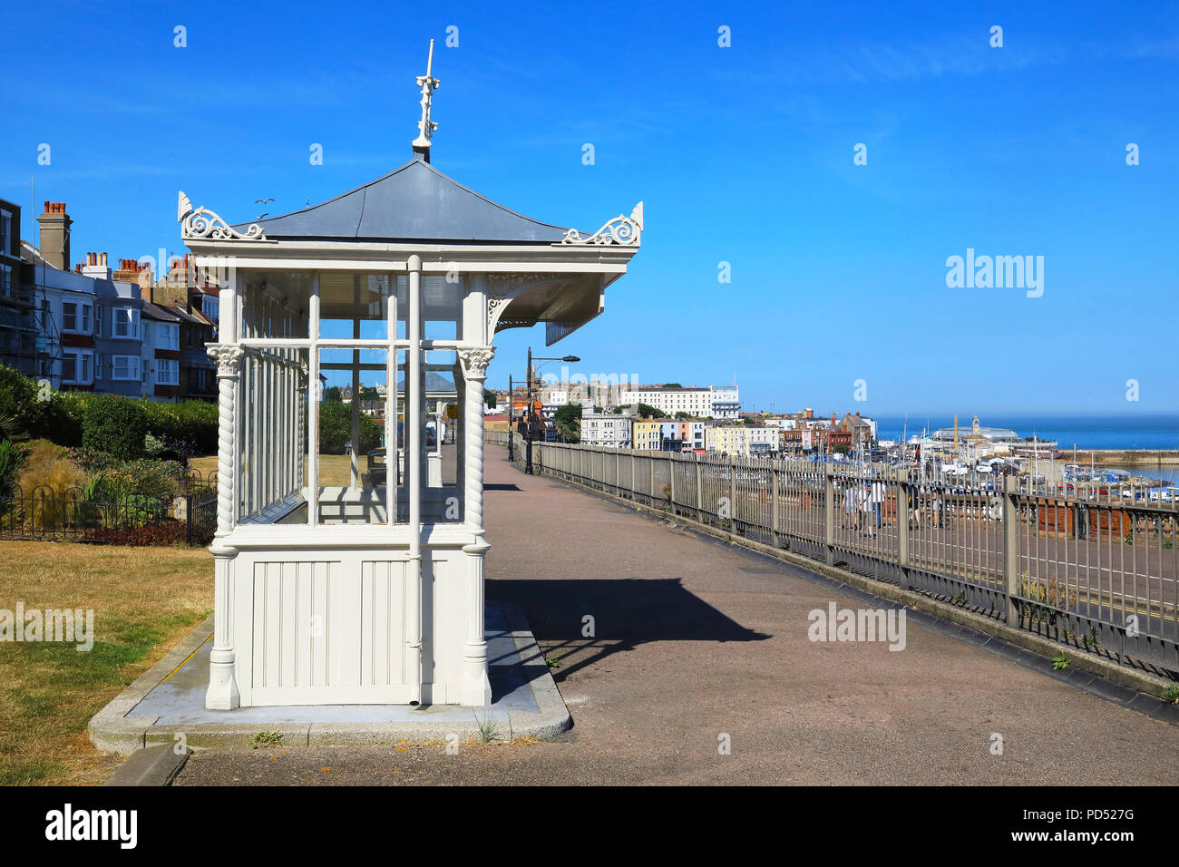 Typical shelters on the seafront in Ramsgate, on the Isle of Thanet, in Kent, UK Stock Photo