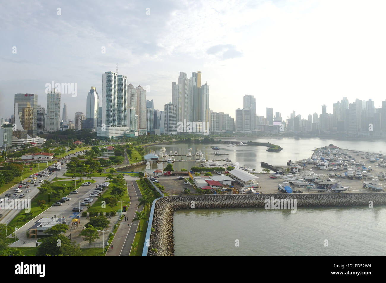 Aerial view of the beautiful skyline of Panama City and the Cinta Costera Boulevard Stock Photo