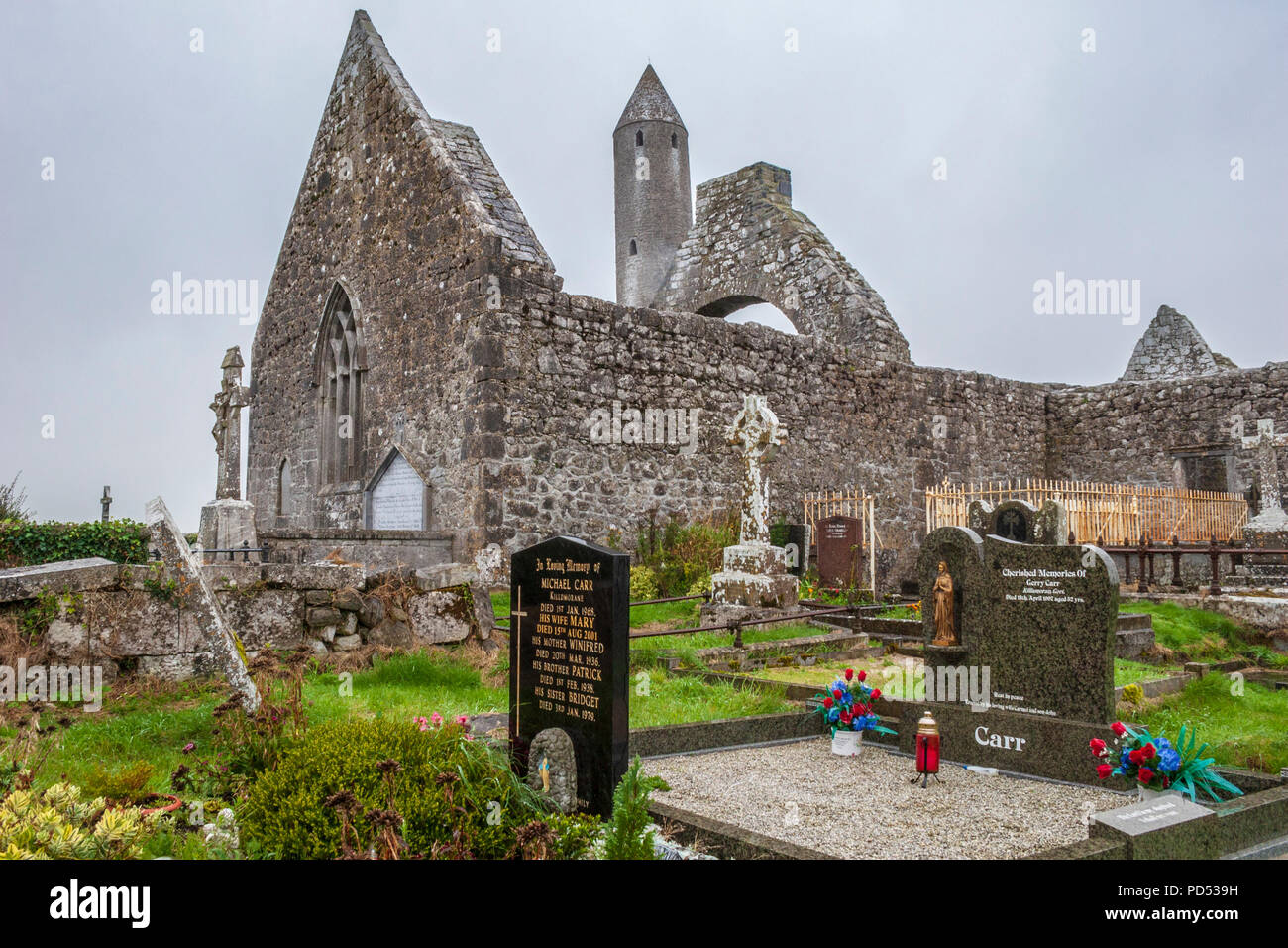 Kilmacduagh Abbey and Monastery, with Cemetary, near the town of Gort in County Galway, Ireland. Located in or near The Burrens. Stock Photo