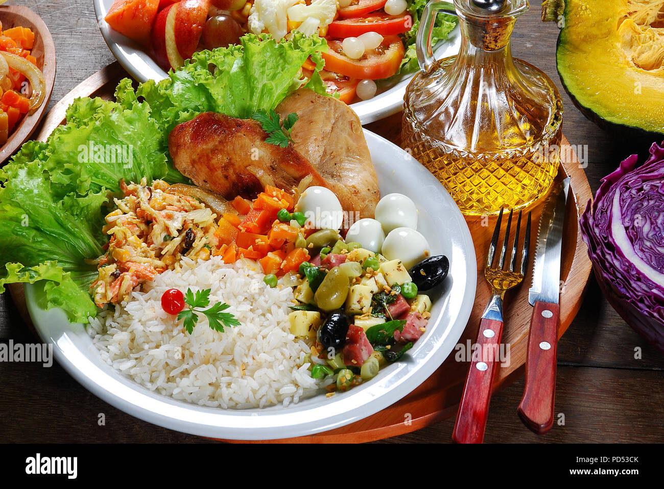 food, dish, steak, dinner, chicken, salad, meal, grilled, rice