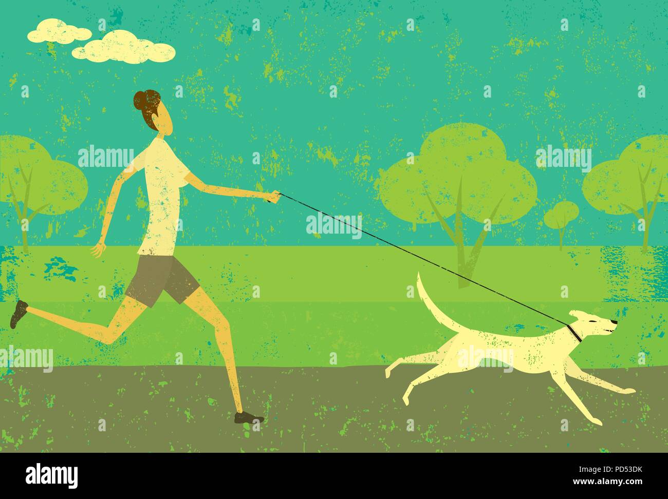 Running with your dog. A woman running with her dog over an abstract park background. Stock Vector