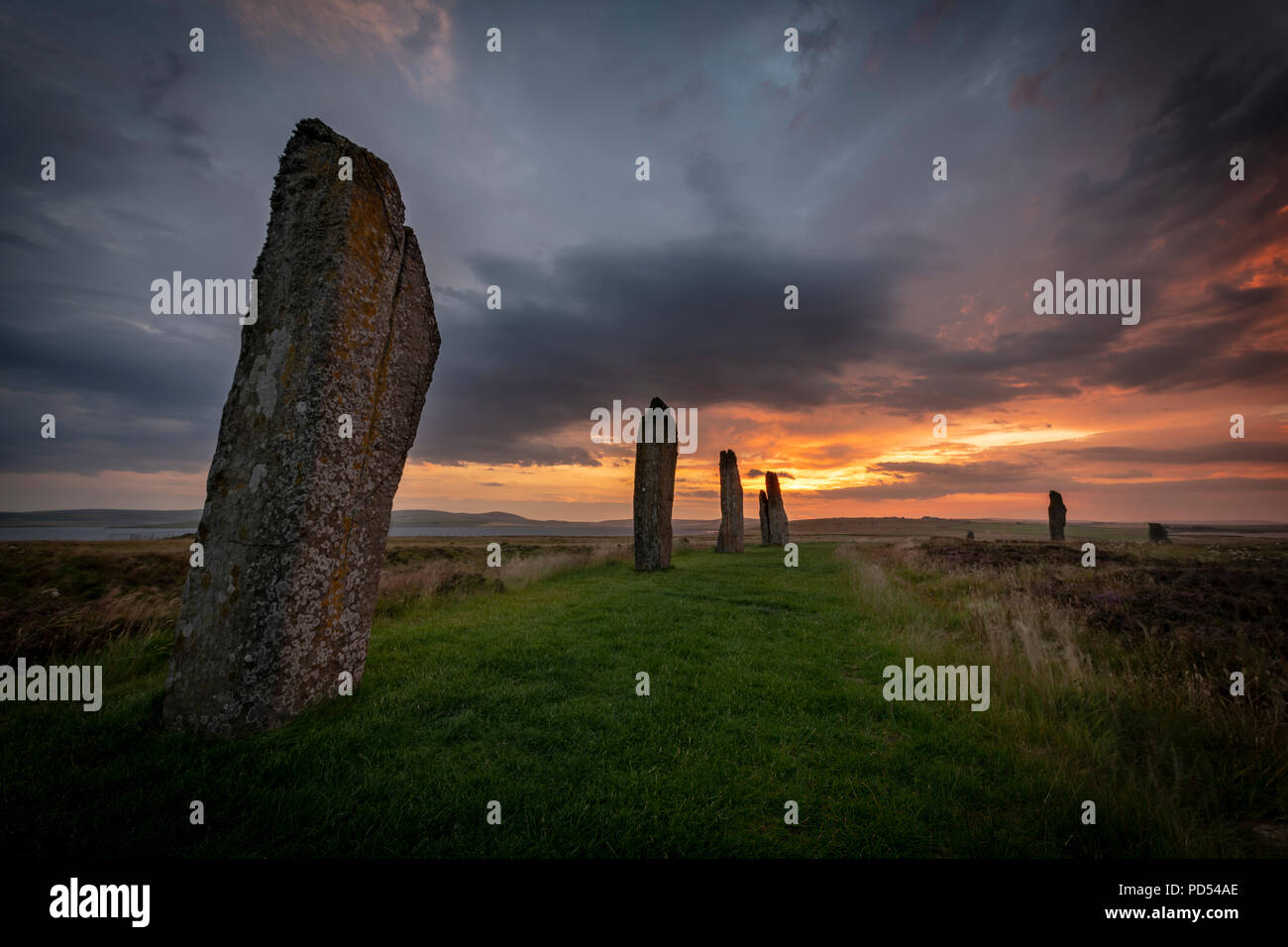 The Ring of Brodgar just after the sun had dipped below the horizon. Stock Photo