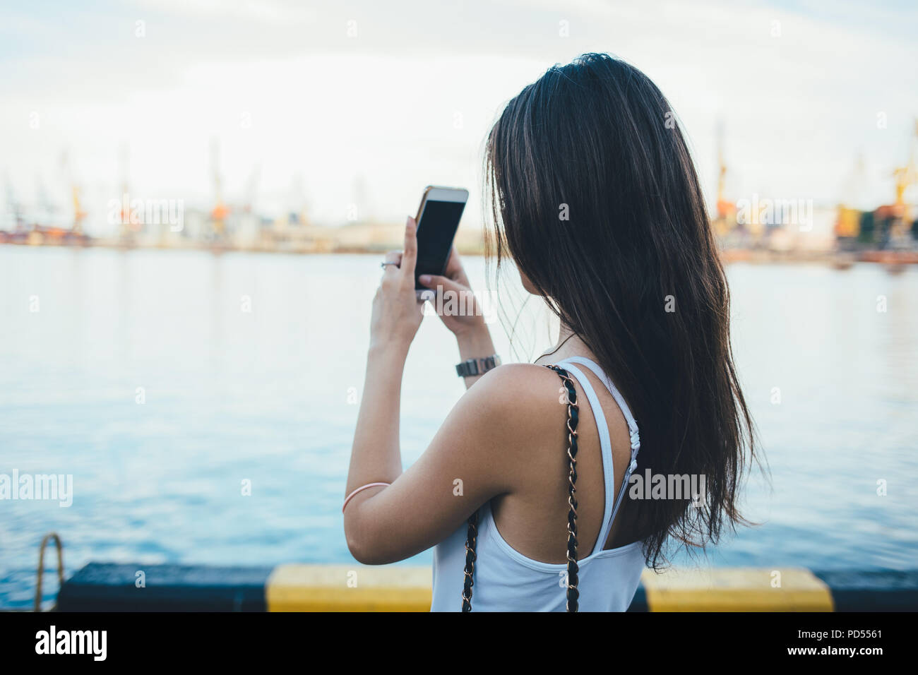 Rear view of young woman with long dark hair taking picture of seaport ...