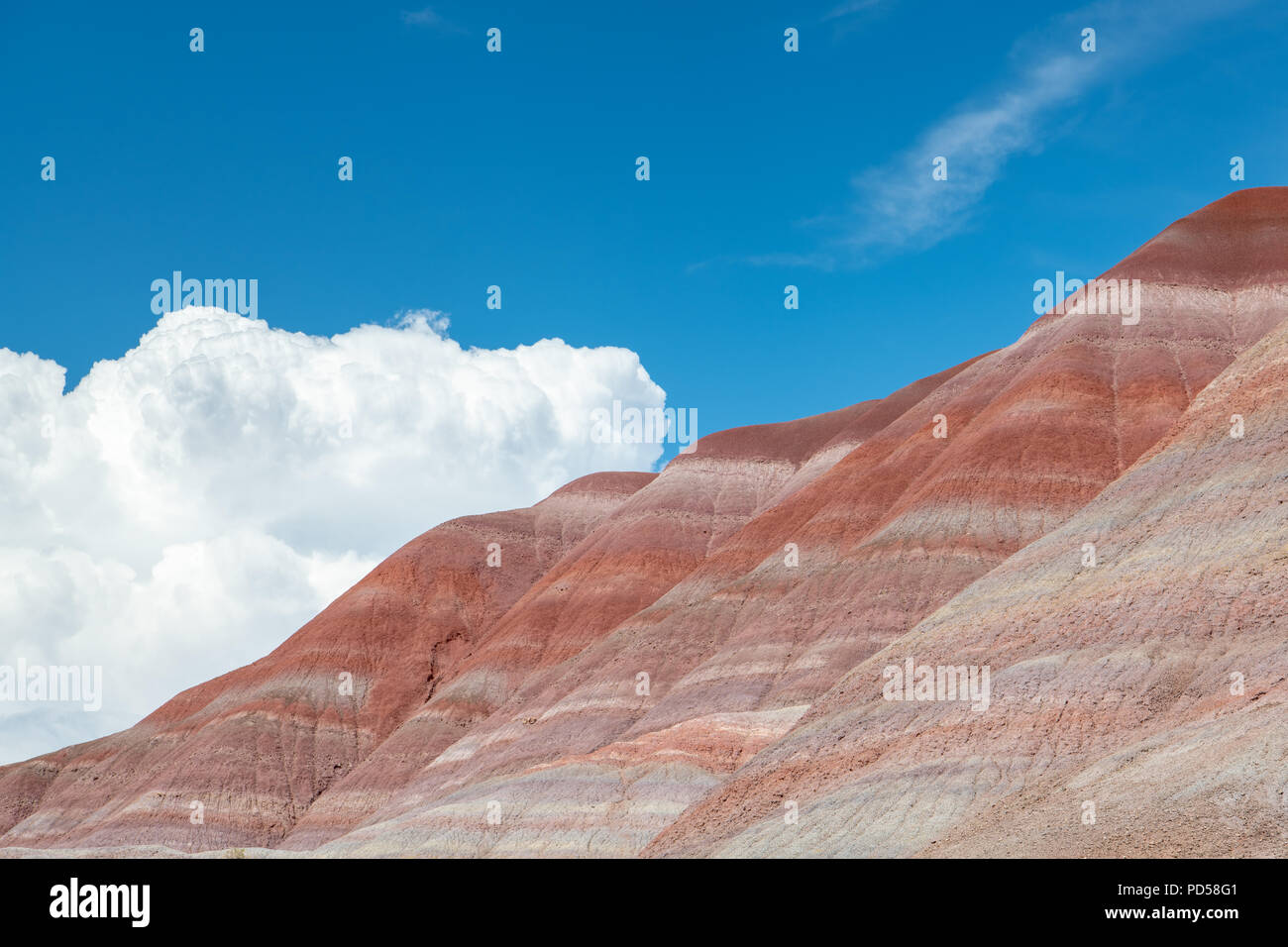 Colorful strata of red, purple, gray, green, and blue in the hillsides of Grand Staircase-Escalante National Monument in Paria, Utah Stock Photo