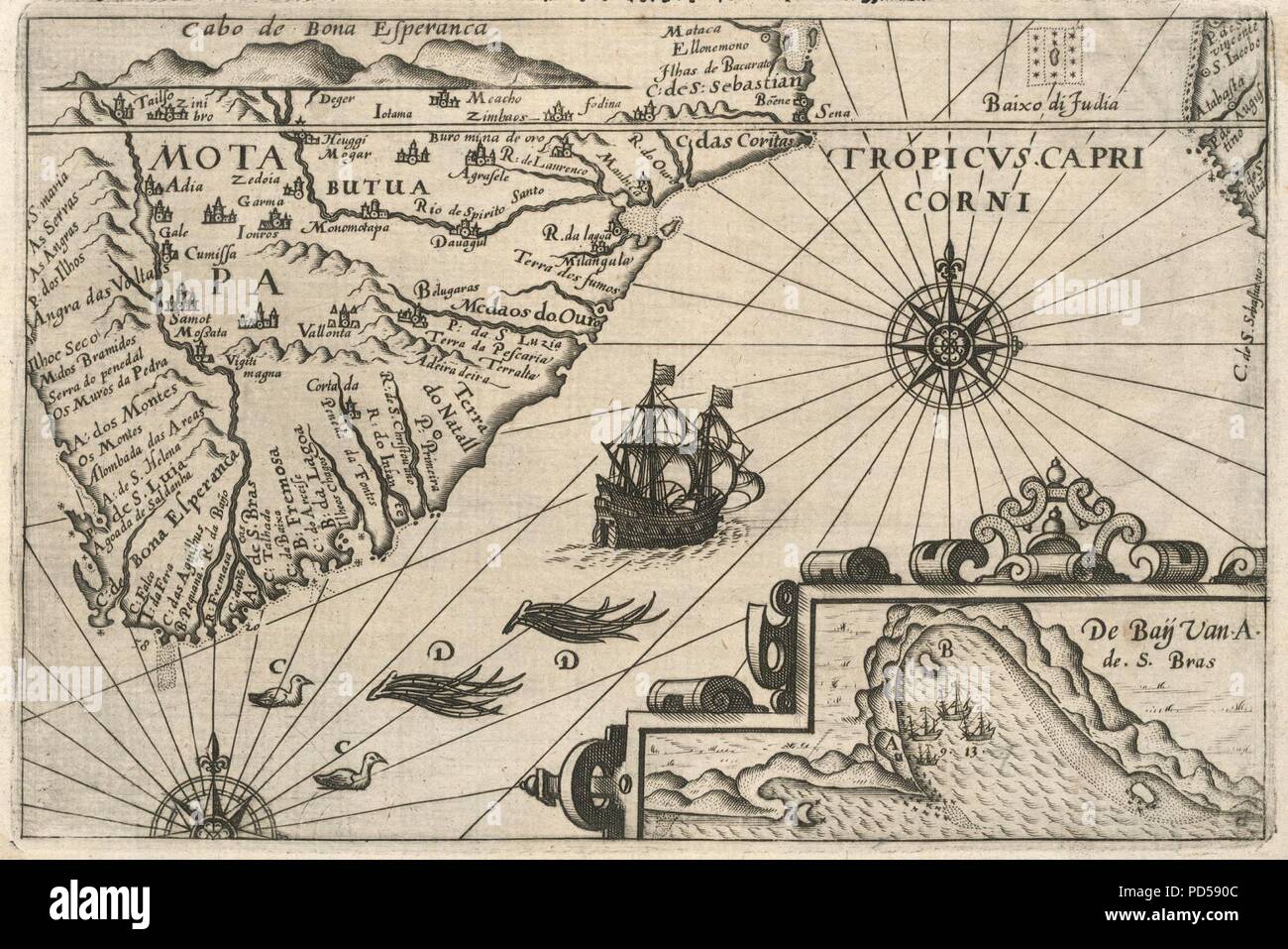Map of the Cape of Good Hope, with an inset showing the bay of Augusto de  Santa Bras on Madagascar and a view of the Cape of Good Hope Stock Photo 