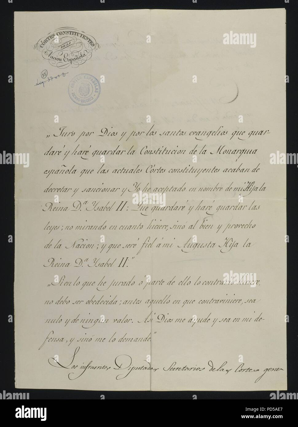 JURAMENTO DE REINA REGENTE EN NOMBRE DE ISABEL II SOBRE LA CONSTITUCION  DE 1837. Location: CONGRESO DE LOS DIPUTADOS-BIBLIOTECA, MADRID, SPAIN. Stock Photo