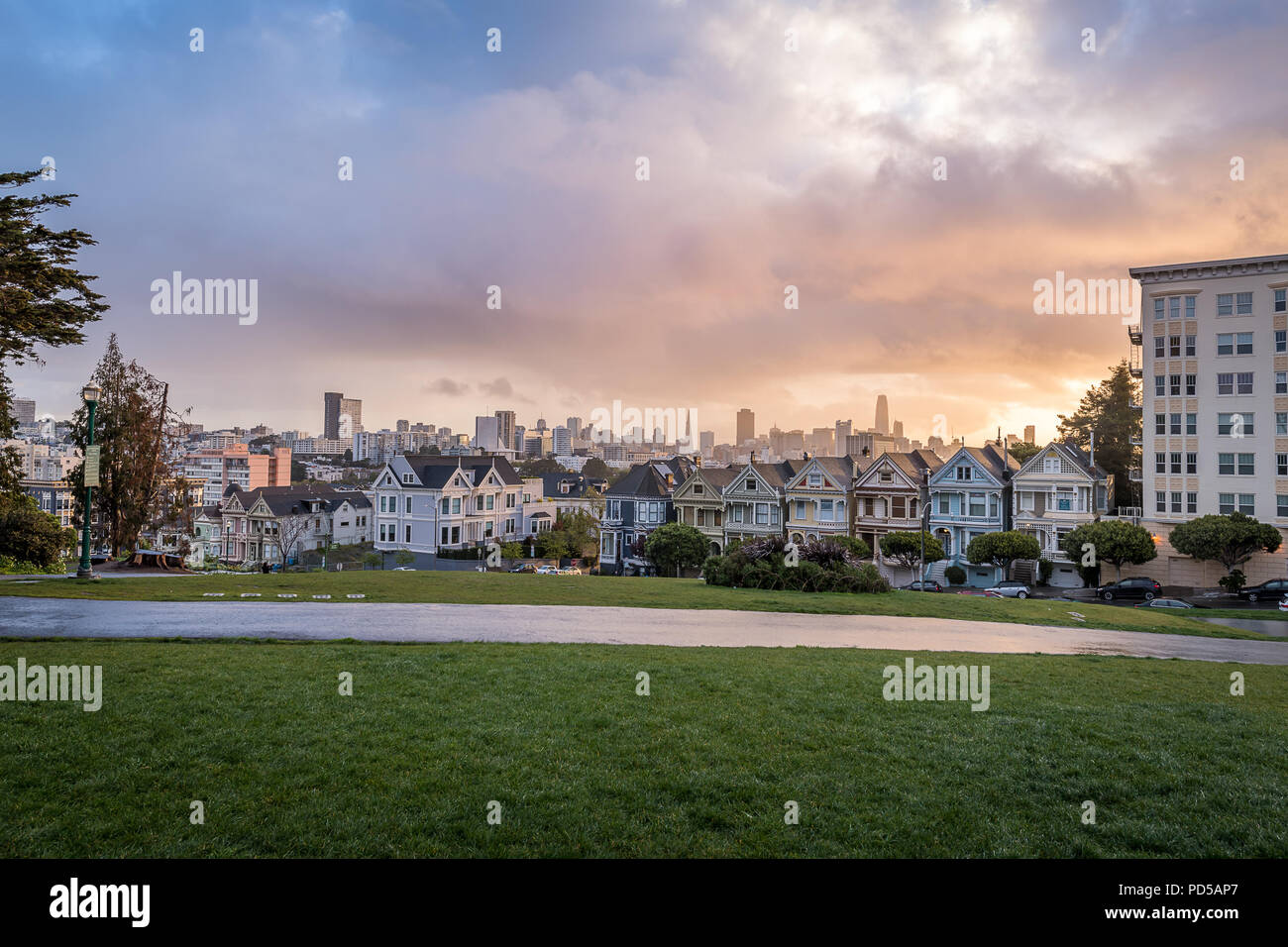 Alamo Square Park at Sunrise Stock Photo