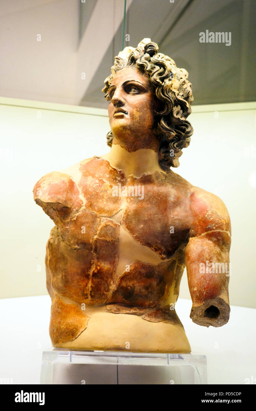 Bust of apollo, terracotta, falerii, temple of the scasato, 310-300 BC - National Etruscan Museum of Villa Giulia - Rome, Italy Stock Photo