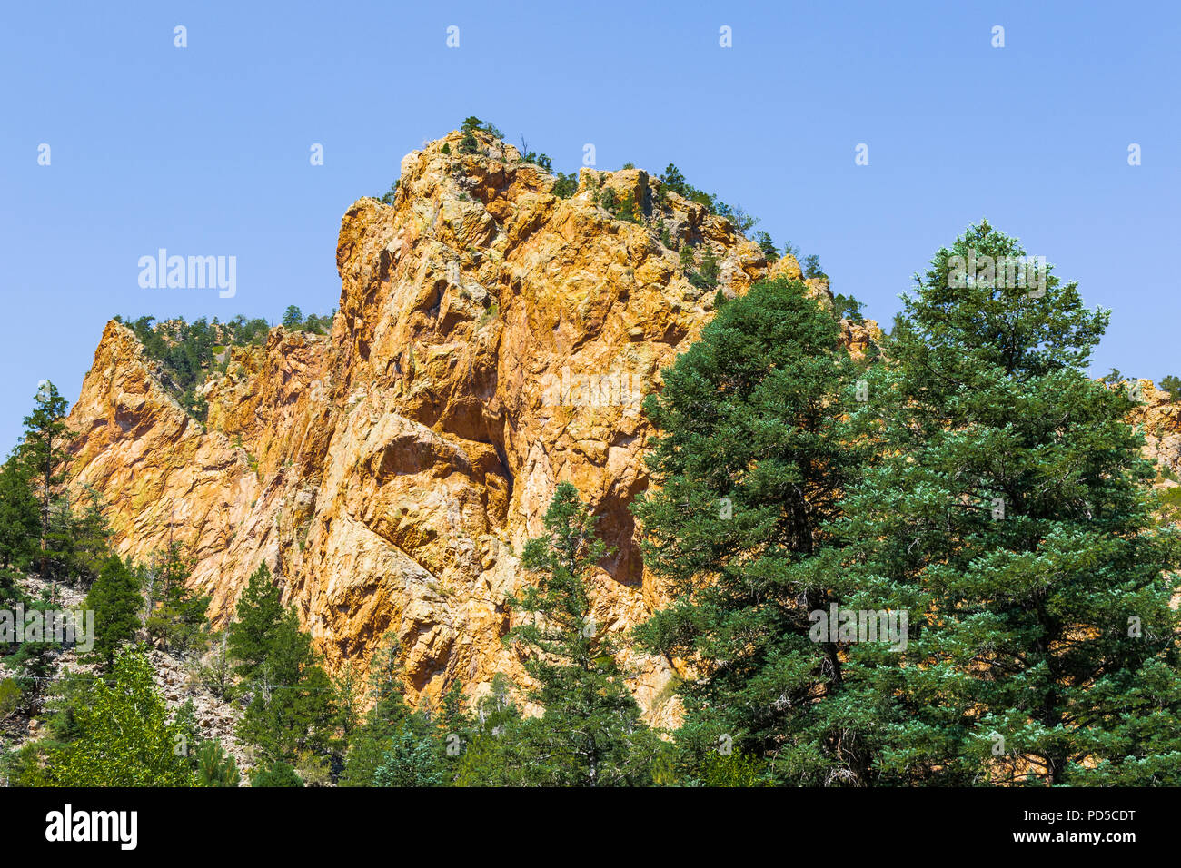 A closeup of a craggy peak in the southwest mountains, with green-leafed trees and blue sky.   Good for background. Stock Photo