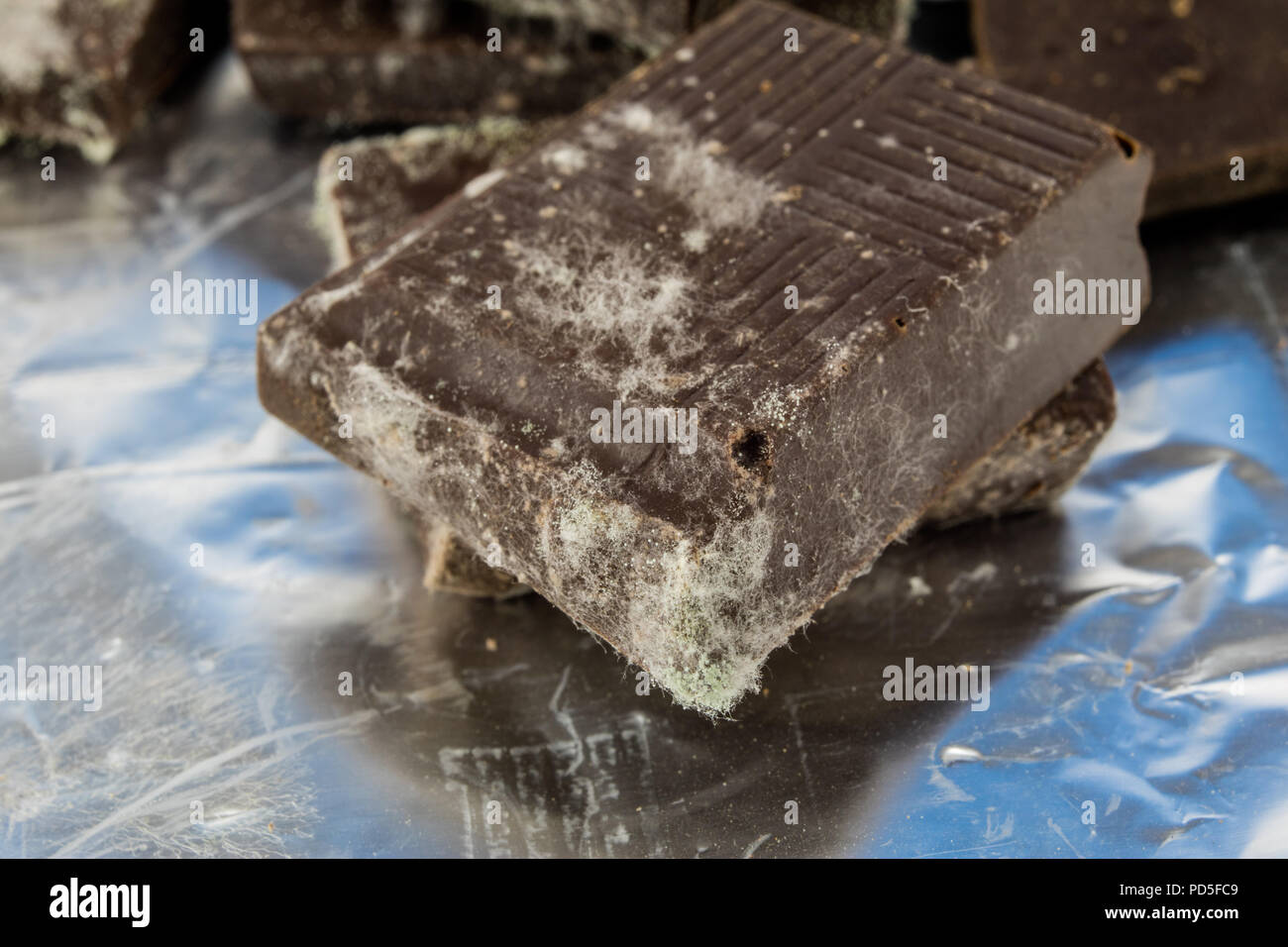 Moldy chocolate in the original packaging. Outdated food products used