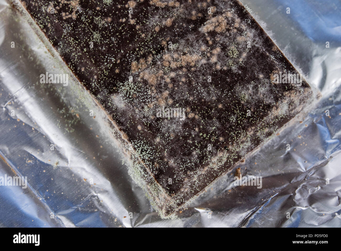 Moldy chocolate in the original packaging. Outdated food products used