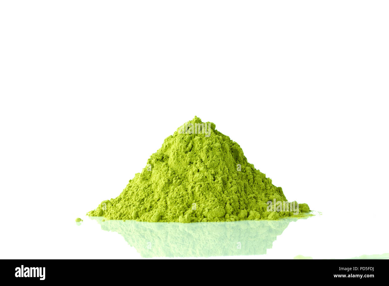 Heap of matcha green tea ground on white background with reflection