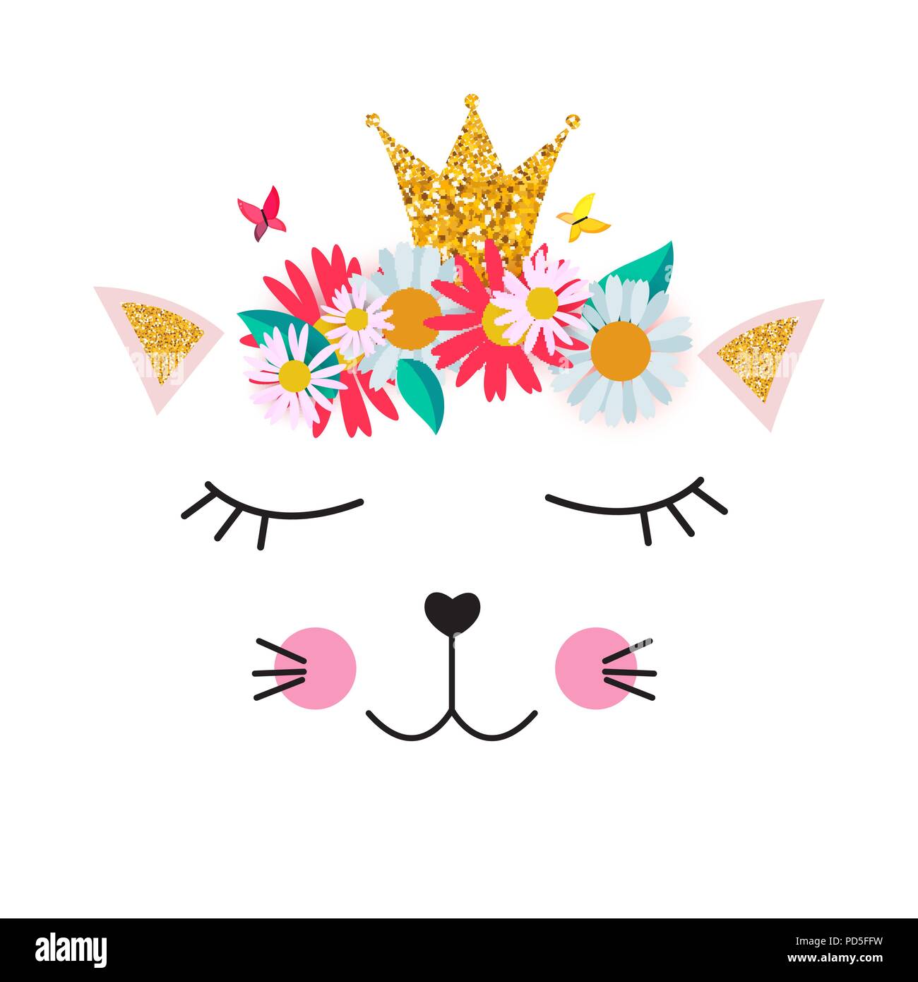 Little cute cat princess with crown and flowers  for card and shirt design. Vector Illustration Stock Vector
