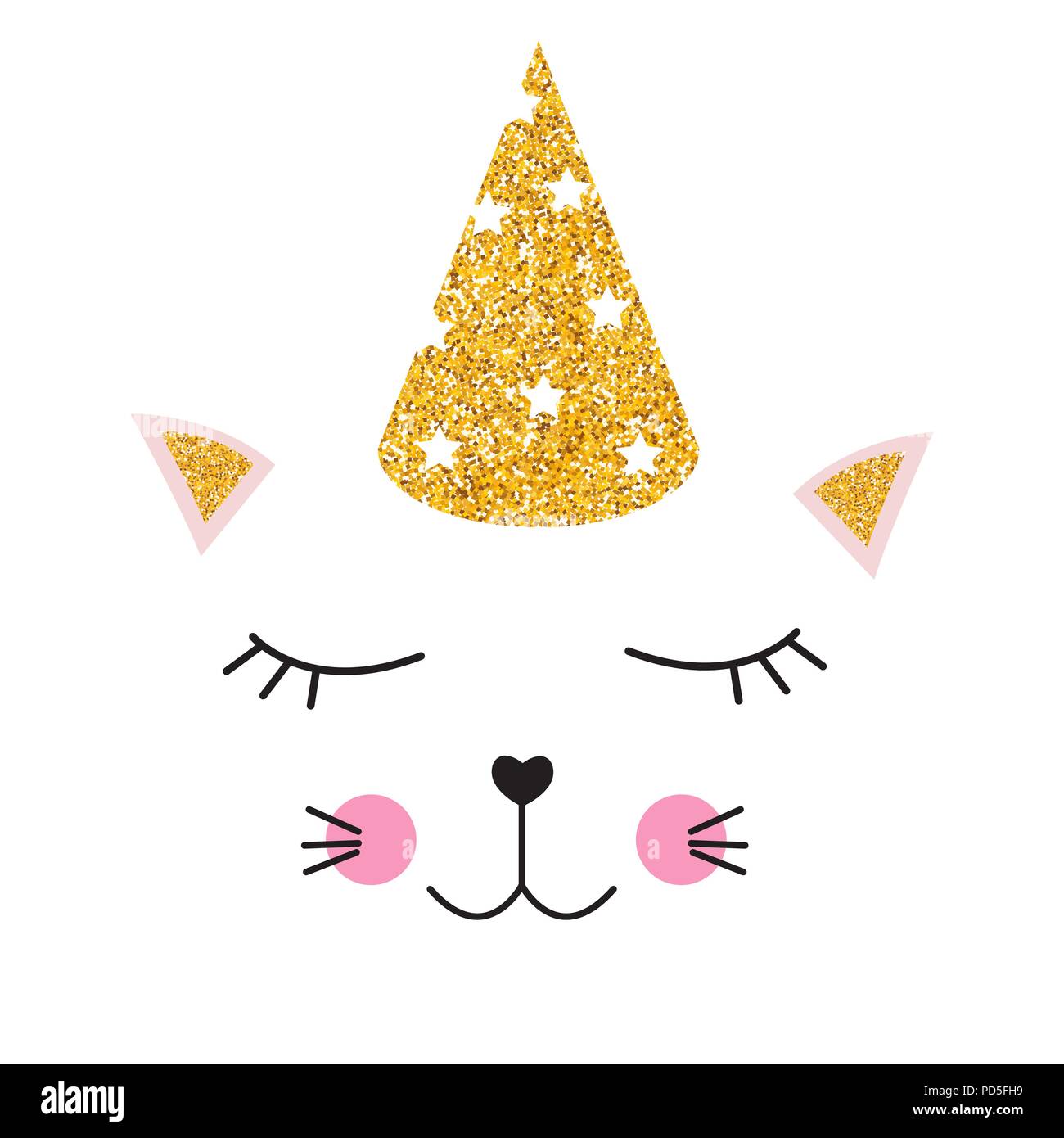 Little cute cat with party festive cap for card and shirt design. Vector Illustration Stock Vector