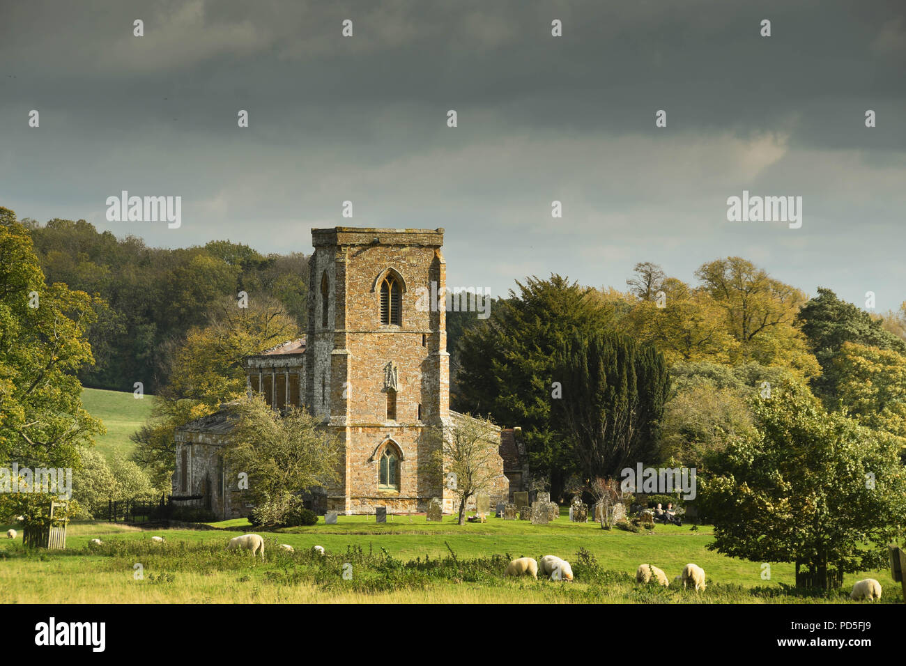 The medieval Church of St Mary the Virgin near Daventry, Northamptonshire, England, which is in a rural setting surrounded by fields and trees. Stock Photo