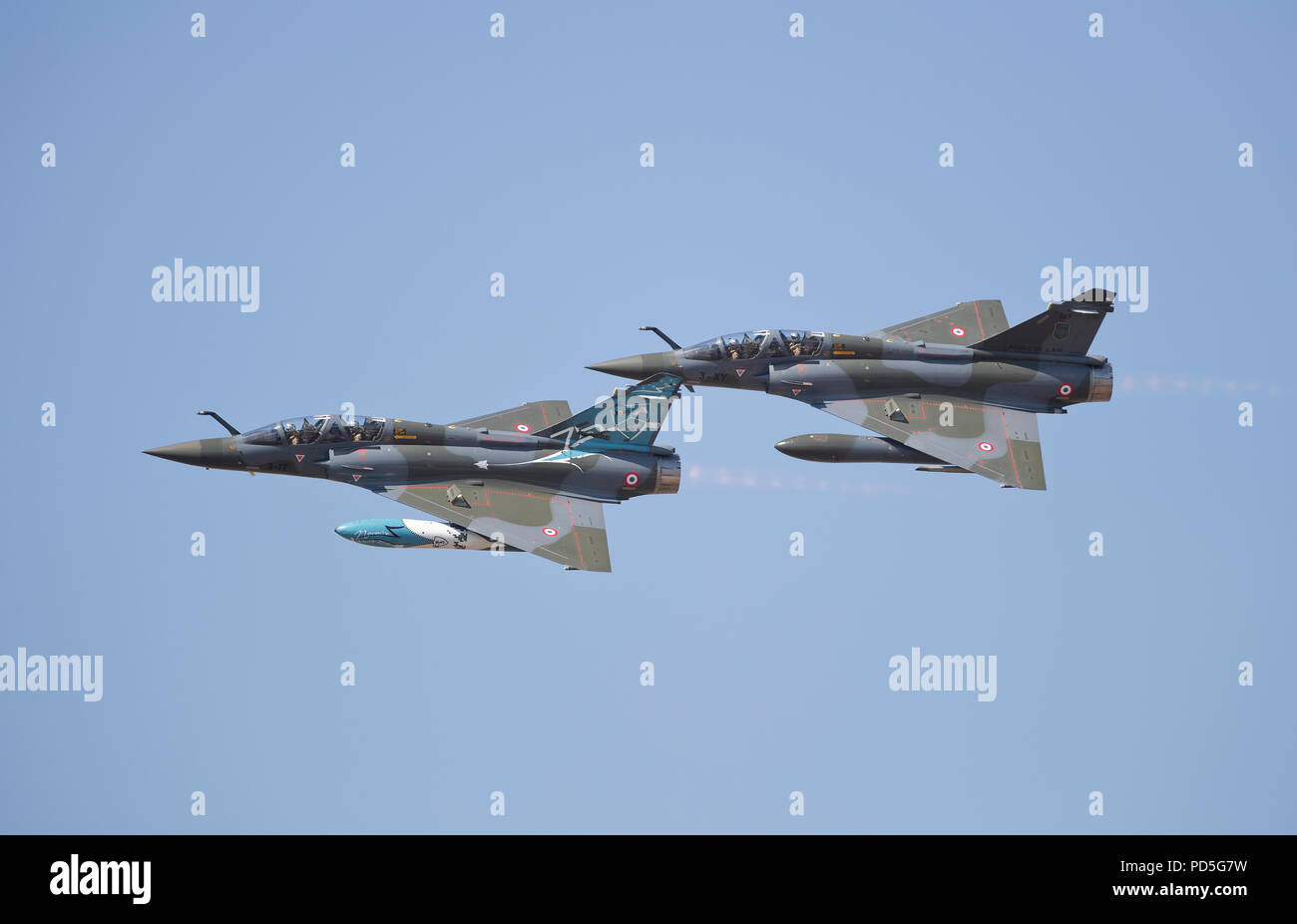 Pair of Mirage 2000Ds displaying at RAF RIAT air show, uk, 2018 Stock Photo