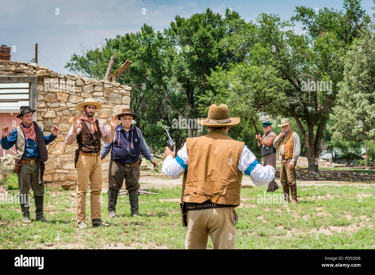Billy the Kid escape and gunfight reenactment during Old Lincoln Days in Lincoln, New Mexico, USA. Stock Photo