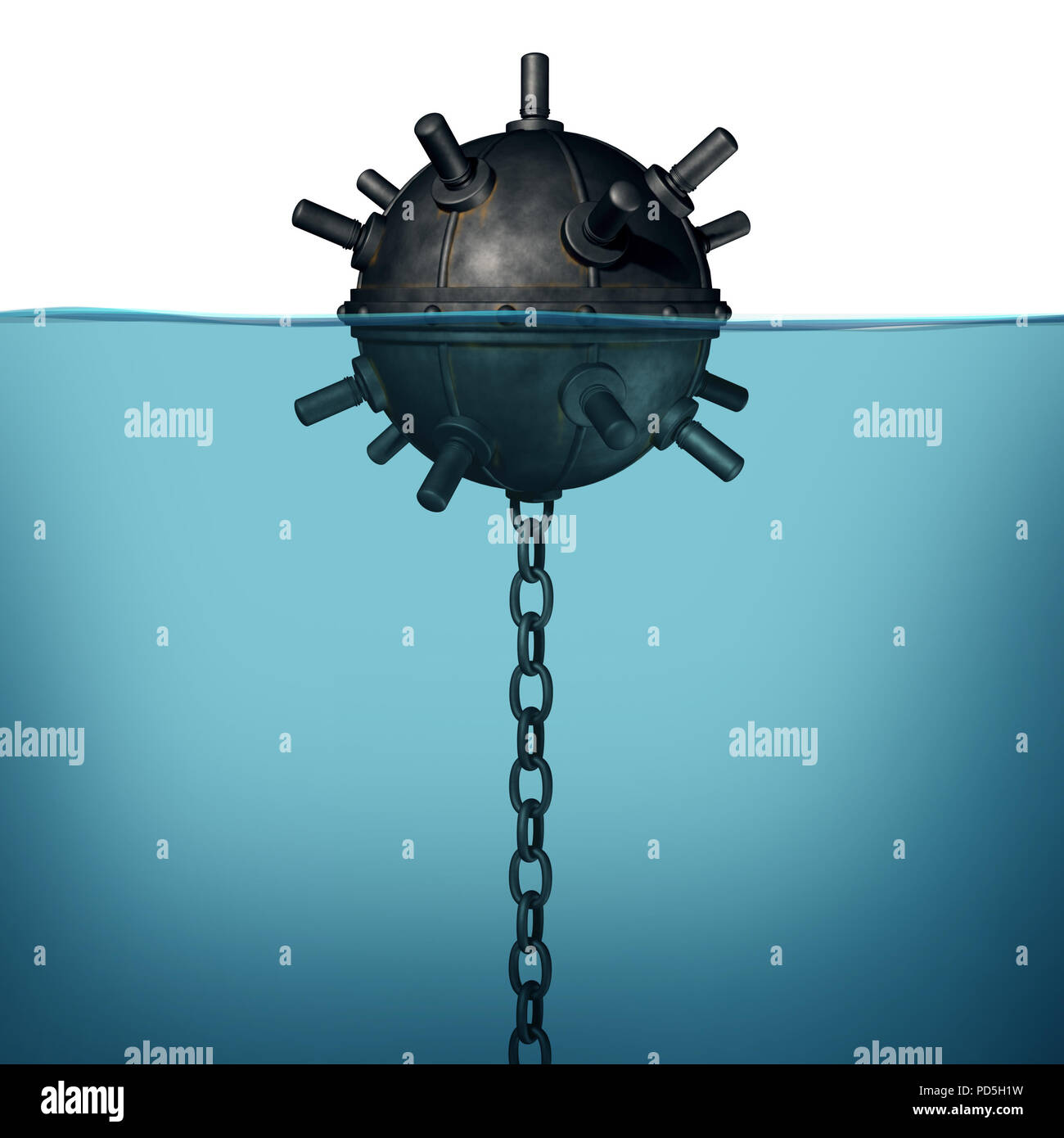 Sea mine underwater explosive device object concept as a 3D render of a naval ocean bomb. Stock Photo