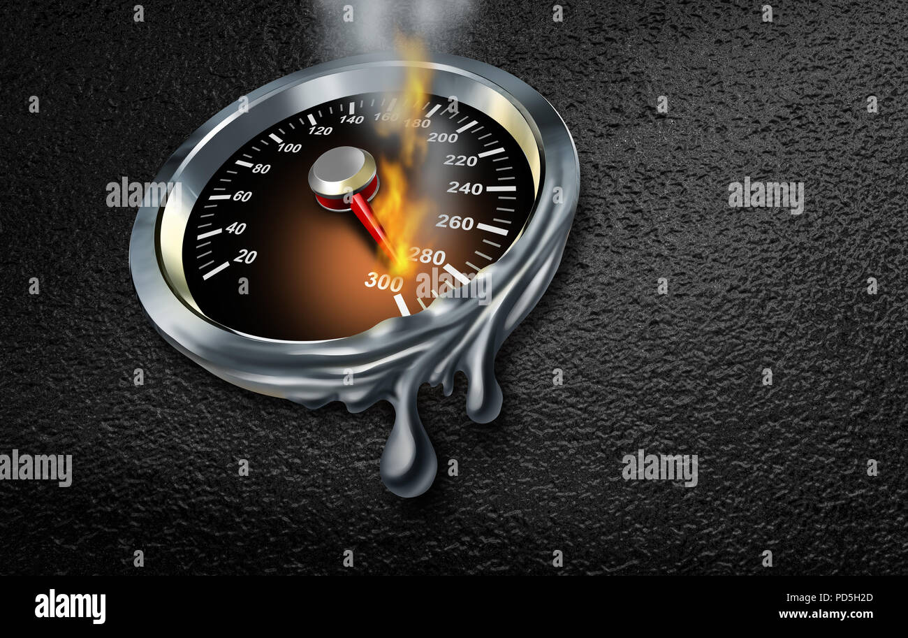 Extreme speed concept and automobile engine performance idea as a dashboard display with burning needle as a 3D render. Stock Photo