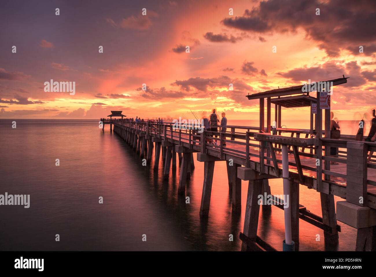Pink and purple sunset over the Naples Pier on the Gulf Coast of Naples, Florida in summer. Stock Photo