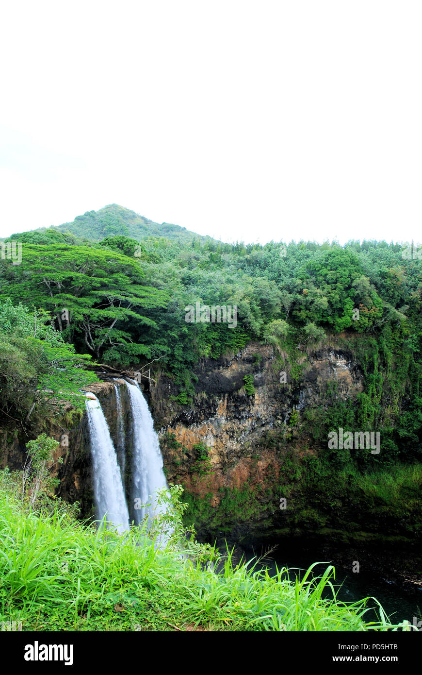 The majestic Wailua Falls, in Kauai, Hawaii, with green lush rain forest and vegetation around Stock Photo