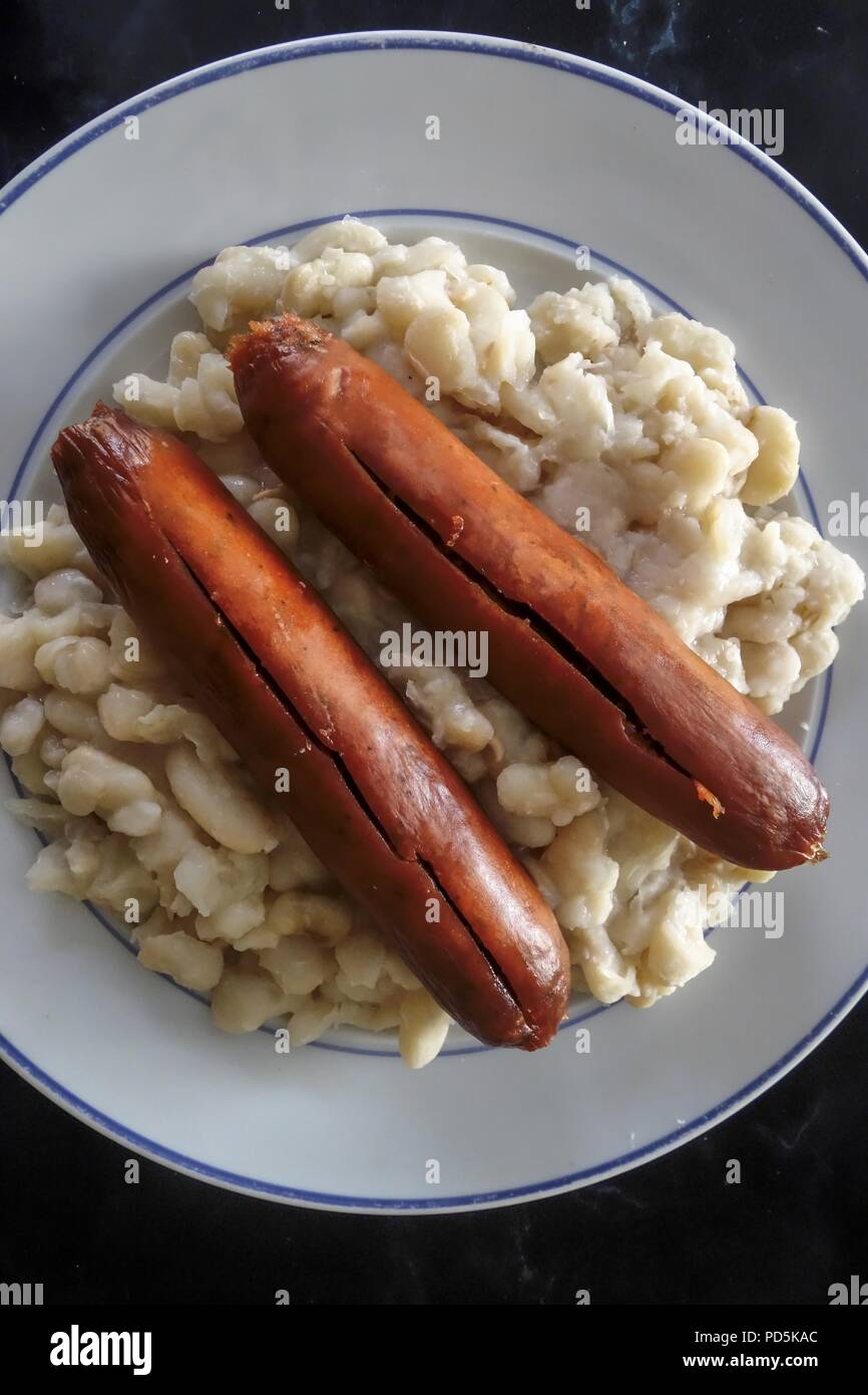 Mashed Potatoes with Smoked Sausages - Bangers and Mash Stock Photo
