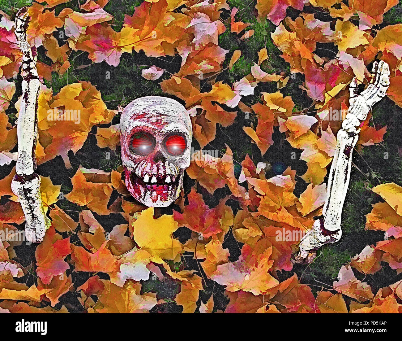 A fun Halloween and seasonal October image. Original photograph of some 'spooky' yard decor, befitting the season, has been digitally altered and enha Stock Photo