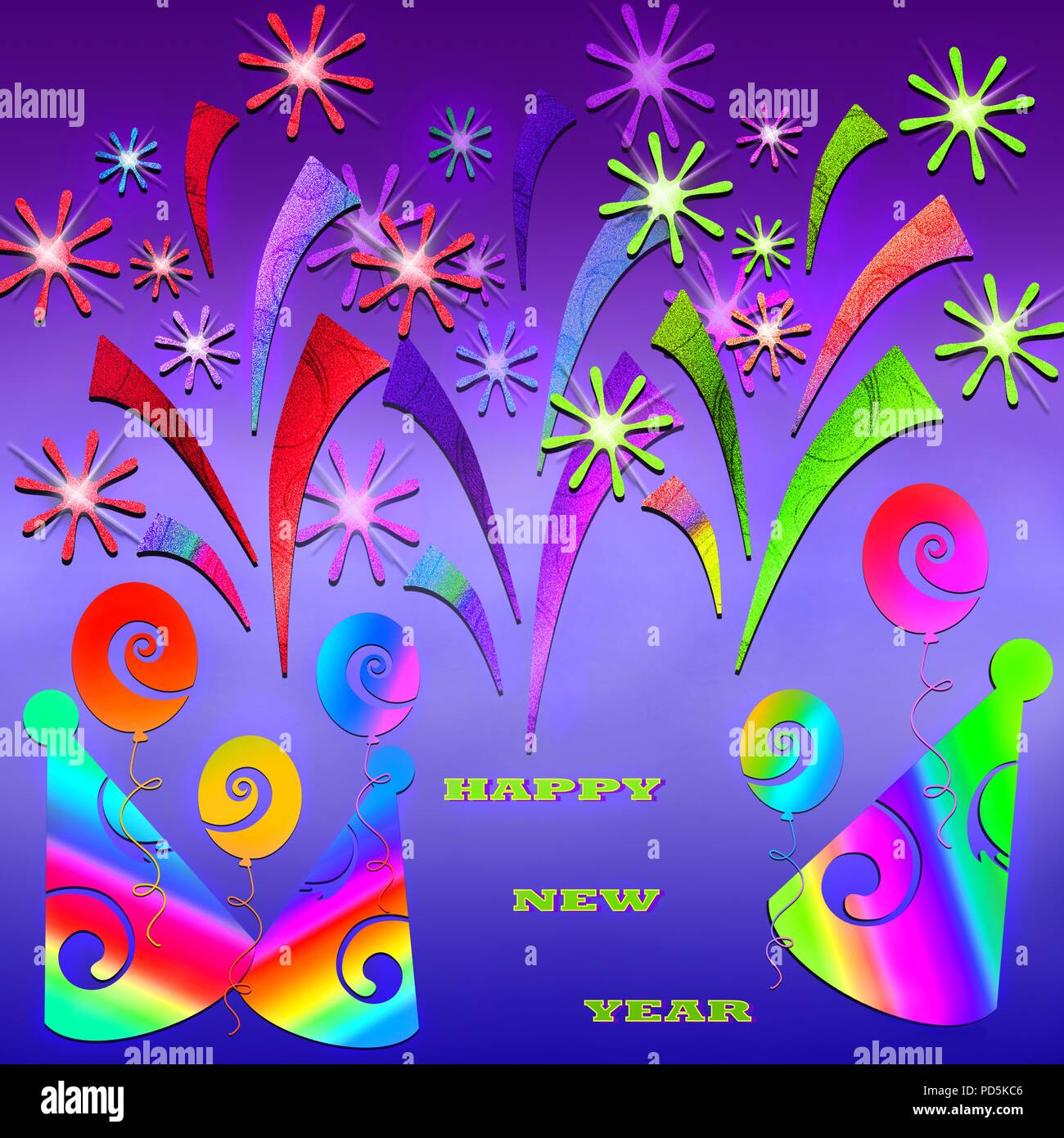 Rockets, fireworks, blow ticklers, party hats and balloons ring in the new year. Stock Photo