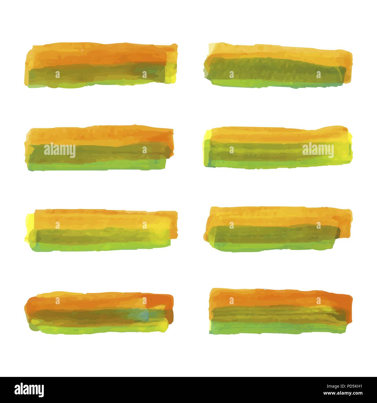 set of watercolor pastel orange and green brushes stroke Stock Vector