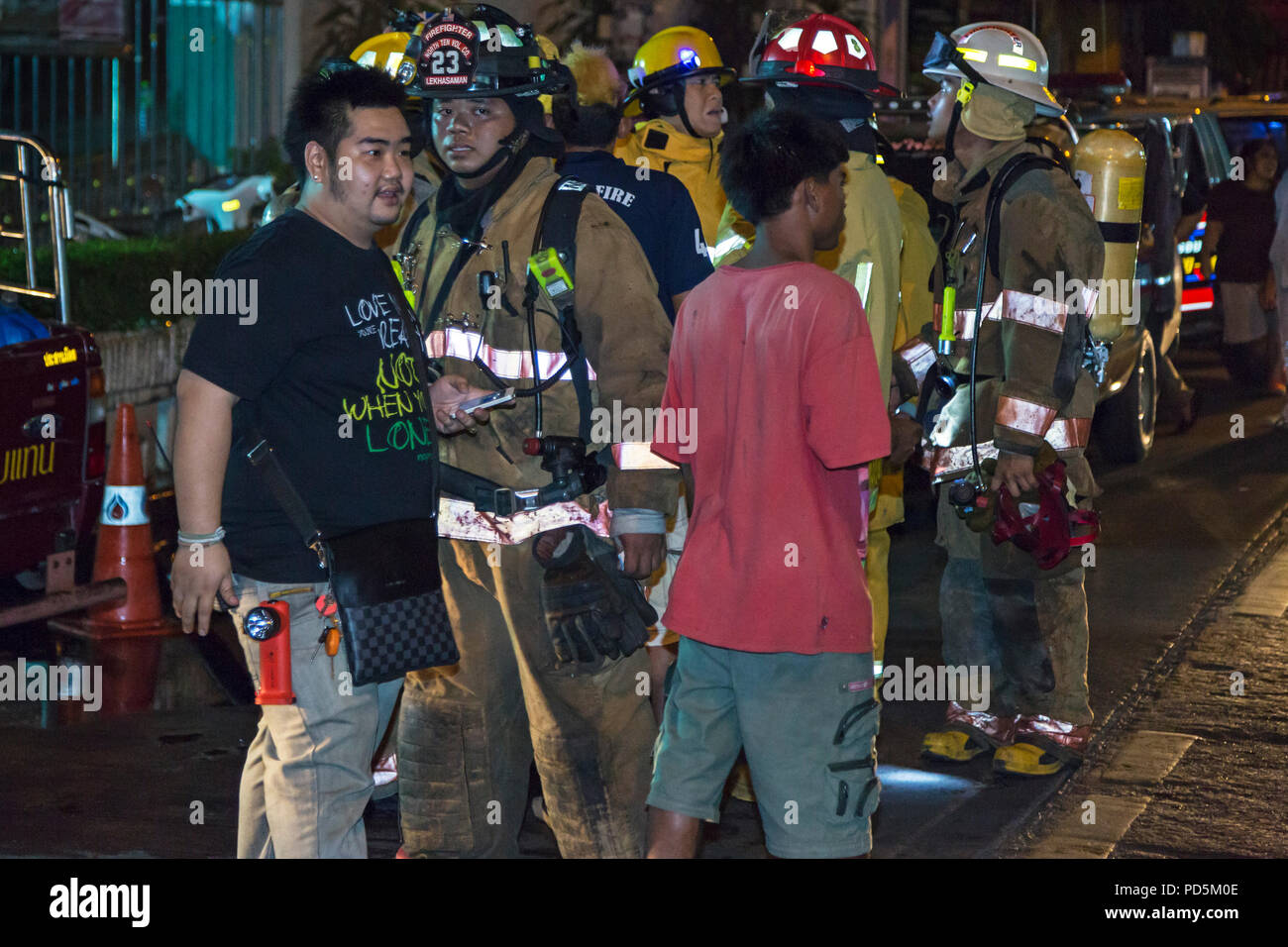 Emergency services at fire in central Bangkok, Thailand Stock Photo