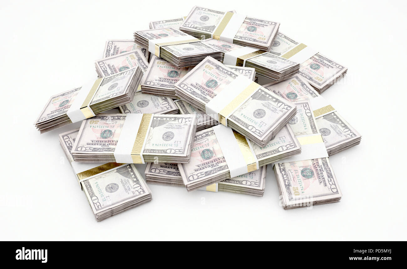 A pile of randomly scattered bundles of banknotes on an isolated ...