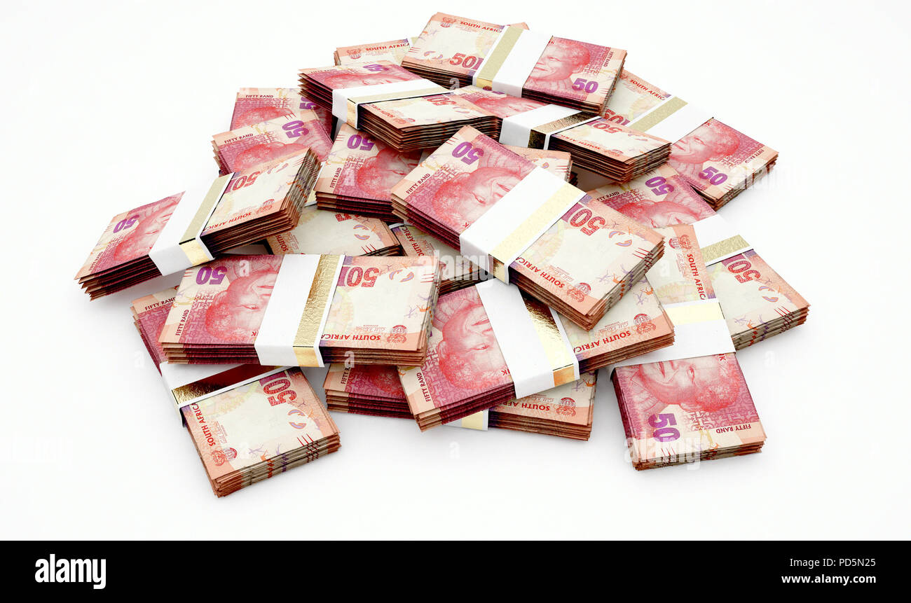 A pile of randomly scattered bundles of banknotes on an isolated ...