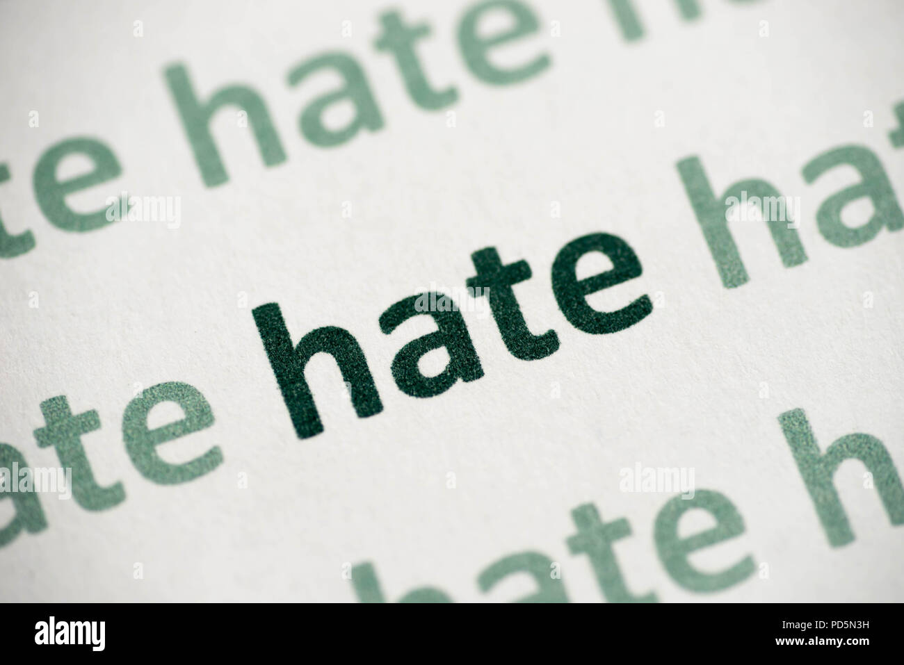word hate printed on white paper macro Stock Photo